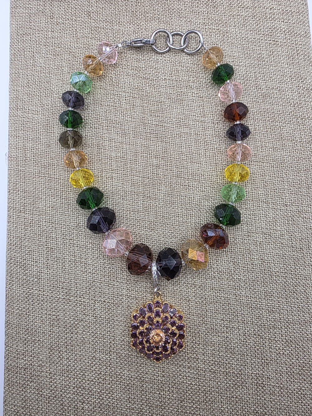 Multicolor Faceted Bead Necklace with Vintage Purple Pendant